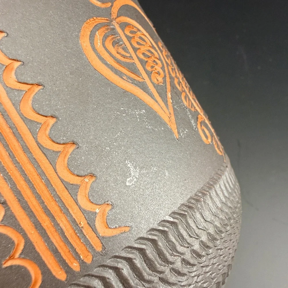 Vintage German Sgraffito Studio Pottery Jar Handarbeit Black Terracotta